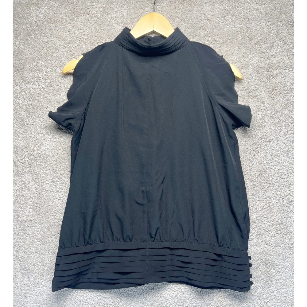 Black Mock‎ Neck Cold Shoulder Pleated Hem Button Back Blouse Top L Party Career